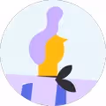 Abstract illustration of a person with purple and yellow shapes holding a branch with leaves.