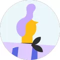 Abstract illustration of a person with purple and yellow shapes holding a branch with leaves.