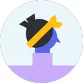 Avatar of a person with short hair tied by an orange headband on a purple background.