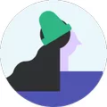 Silhouette of a person with a green beanie facing right over a blue background.